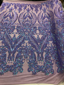 Iridescent Sequins Fabric on Mesh - by the yard - Damask Design 4 Way Stretch Sequin Fabric