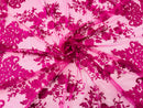 Magenta Floral Bridal Lace - By The Yard - Damask Design Embroidered on Mesh Lace Fabric
