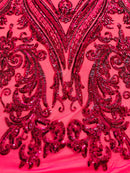 Fuchsia Sequins Fabric on Mesh, Damask Design 4 Way Stretch Sequin Fabric Sold By The Yard