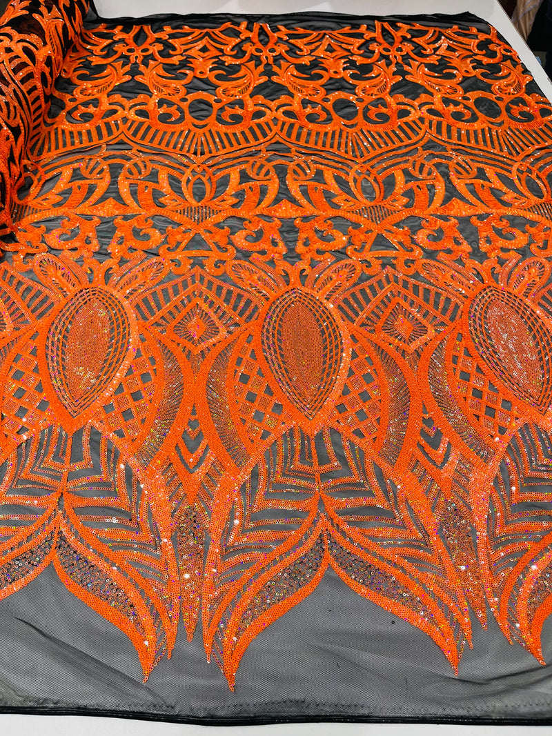 Orange Sequin Fabric On Black Mesh  4 Way Stretch Royalty Lace Sequin By Yard