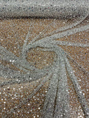 Beaded Sequins Mesh Fabric - Silver - Embroidered Beaded Wedding Bridal Fabric with Sequins By The Yard