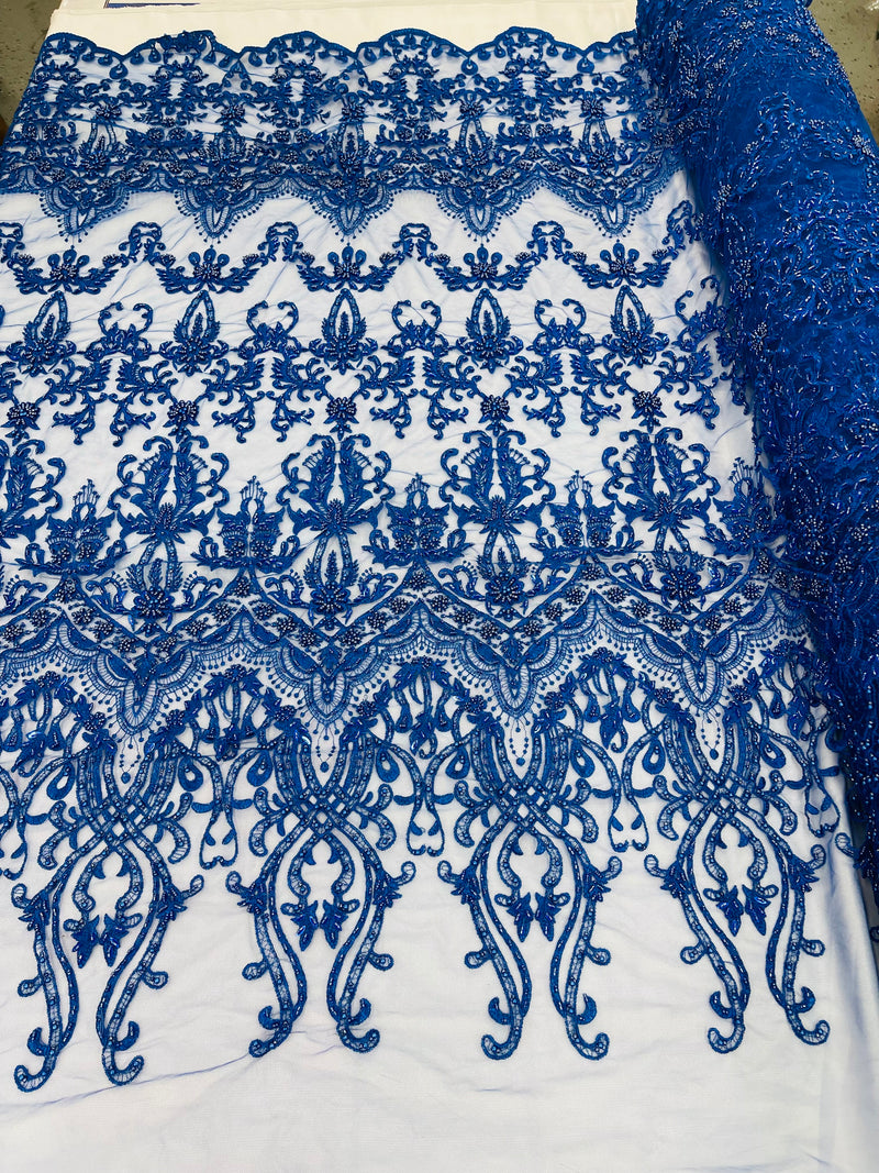 Royal Blue Damask Design Beaded Fabric, Embroidered with Beads Wedding Bridal Sold By Yard