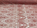 Beaded Fabric, Dusty Rose Damask Design Embroidered with Beads Wedding Bridal Sold By Yard
