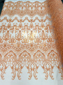 Peach Damask Design Beaded Fabric, Embroidered with Beads Wedding Bridal Sold By Yard