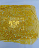 Yellow Iridescent Sequin Fabric on a Mesh 4 Way Stretch Sequins Fabric Sold By The Yard