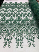 Hunter Green Damask Design Beaded Fabric, Embroidered with Beads Wedding Bridal Sold By Yard
