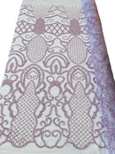 Fashion Design Bead Damask Fabric - Lilac  - Embroidered Elegant Design on Mesh Sold By The Yard