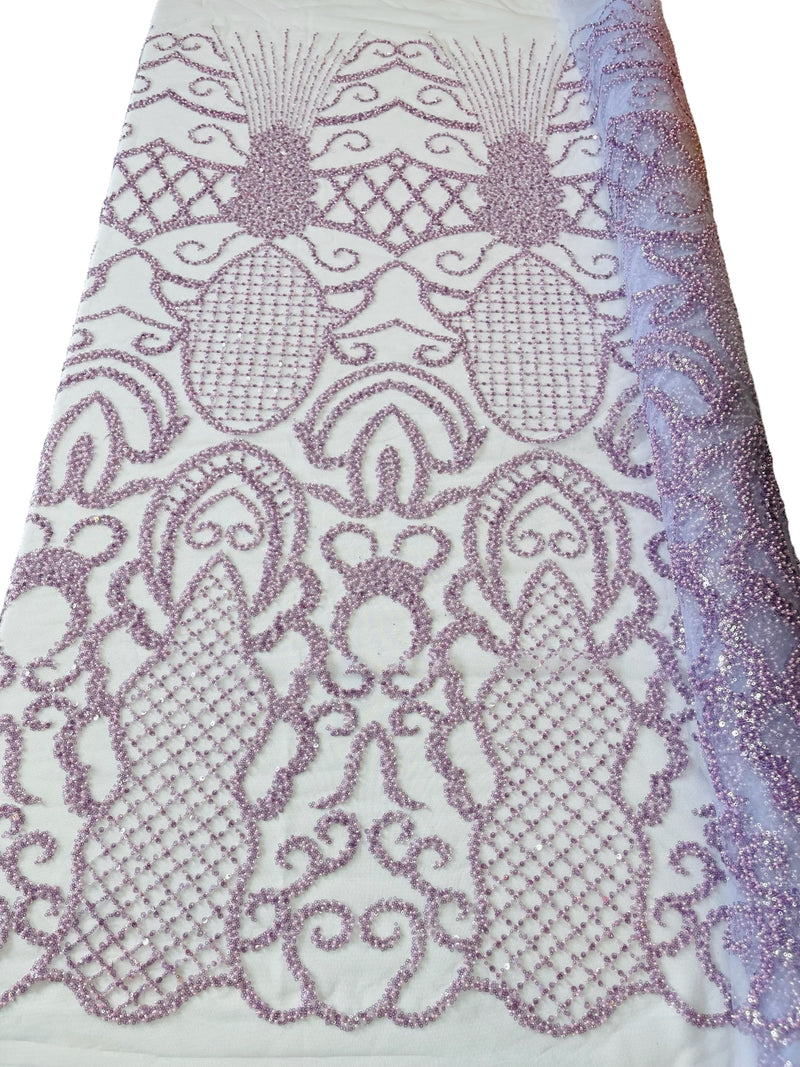 Fashion Design Bead Damask Fabric - Lilac  - Embroidered Elegant Design on Mesh Sold By The Yard