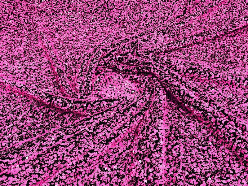 Hot Pink Sequins Fabric on Black Stretch Velvet - By The Yard - all Over 5mm Sequins 58”/60