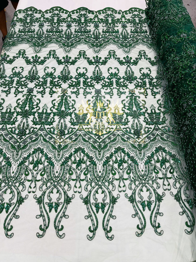 Hunter Green Damask Design Beaded Fabric, Embroidered with Beads Wedding Bridal Sold By Yard