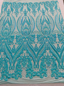 Mint Iridescent Sequins Fabric on a Mesh, Damask Design 4Way Stretch Sequin By The Yard
