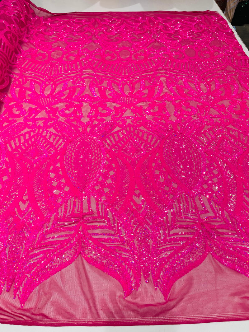 Hot Pink Sequin Fabric On a Mesh  4 Way Stretch Royalty Lace Sequin By Yard