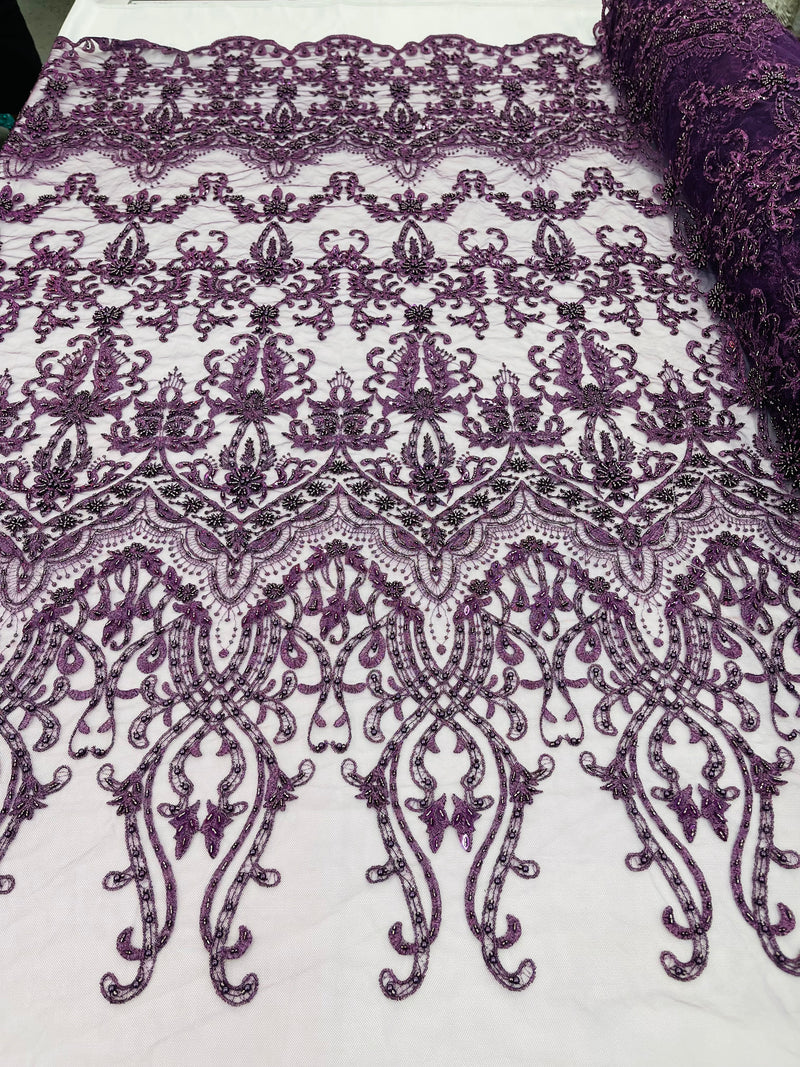 Plum Damask Design Beaded Fabric, Embroidered with Beads Wedding Bridal Sold By Yard