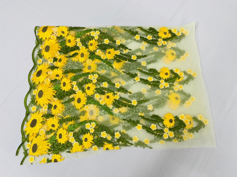 Yellow/Green Lace Fabric - By The Yard - Floral Design Embroidered on Mesh Lace Fabric