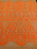 Orange Sequin Fabric on Dark Nude Mesh By The Yard Damask Design 4 Way Stretch Lace Sequin