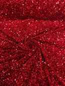Red Sequin Fabric on Cranberry Stretch Velvet - by the yard - Sequins Velvet 2-Way Stretch