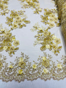 Gold/Yellow 3D Floral Design Embroider and Beaded With Pearls On a Mesh Lace-Prom-Dresses By The Yard