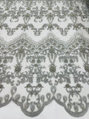 Silver Damask Design Beaded Fabric, Embroidered with Beads Wedding Bridal Sold By Yard