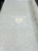 Ivory Damask Design Beaded Fabric, Embroidered with Beads Wedding Bridal Sold By Yard