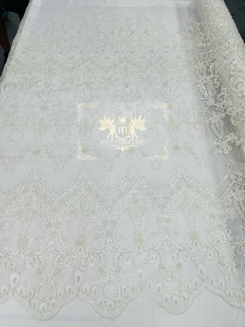 Ivory Damask Design Beaded Fabric, Embroidered with Beads Wedding Bridal Sold By Yard