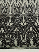 Black Sequins Fabric on Mesh, Damask Design 4 Way Stretch Sequin Fabric Sold By The Yard