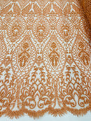 Beaded Fabric, Peach Damask Design Embroidered with Beads Wedding Bridal Sold By Yard