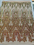 Green Purple Iridescent Sequins Fabric on Nude Mesh, Damask Design 4Way Stretch Sequin By The Yard