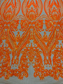 Iridescent Sequins Fabric on Mesh - by the yard - Damask Design 4 Way Stretch Sequin Fabric