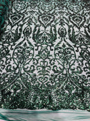 Hunter Green Sequin Fabric On a Mesh 4 Way Stretch, Sequins Fabric Damask Design By The Yard