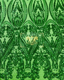 Emerald Green Sequin Fabric on a Mesh 4 Way Stretch Sequins Fabric Sold By The Yard