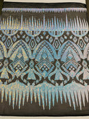 Aqua/Blue Iridescent Sequin Fabric, by the yard - Black Mesh 4 Way Stretch Aztec Design