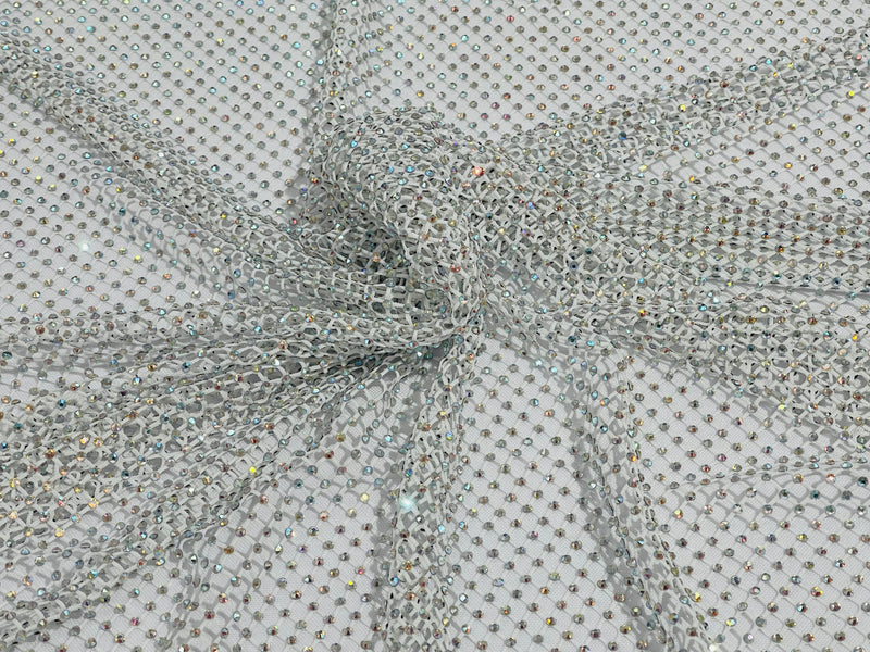 Fishnet Iridescent Rhinestones Fabric - White - Spandex Fabric Fish Net with Crystal Stones by Yard