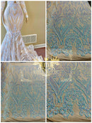 Aqua Iridescent Sequins Fabric on Light Nude Mesh - by the yard - Damask Design 4 Way Stretch Sequin Fabric