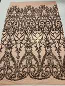 Dusty Rose Sequin Fabric On a Mesh 4 Way Stretch, Sequins Fabric Damask Design By The Yard