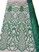 Fashion Design Bead Damask Fabric - Hunter Green - Embroidered Elegant Design on Mesh Sold By The Yard