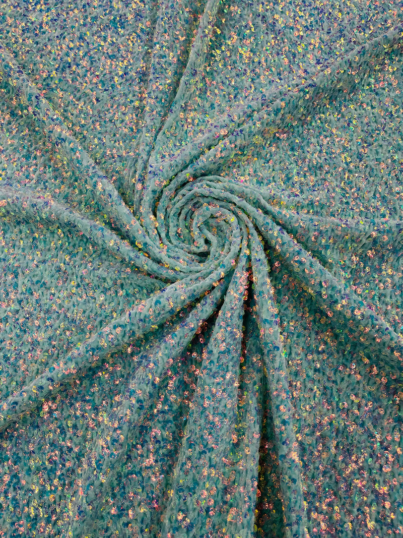 Clear Iridescent Sequin Fabric on Mint Stretch Velvet - by the yard | Sequins Velvet 2way Stretch