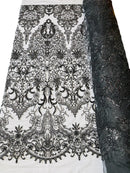 Damask Beaded Pattern Fabric - Black - Embroidered Beaded Bridal Applique Fabric Sold By The Yard