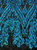 Mermaid Iridescent Sequins Fabric on Black Mesh, Damask Design 4Way Stretch Sequin By The Yard