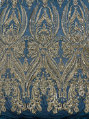 Gold Sequins Fabric on Black Mesh, Damask Design 4 Way Stretch Sequin Fabric Sold By The Yard