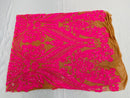 Hot Pink Sequins Fabrics on DK Nude Mesh, Damask Design 4Way Stretch Sequin By The Yard