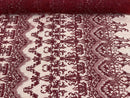 Burgundy Damask Design Beaded Fabric, Embroidered with Beads Wedding Bridal Sold By Yard