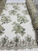 Silver 3D Floral Design Embroider and Beaded With Pearls On a Mesh Lace-Prom-Dresses By The Yard