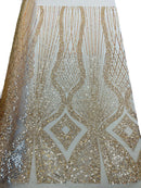 Zig Zag Lines Diamond Shape Fabric - Gold - Embroidered Glamorous Design on Mesh Sold By The Yard