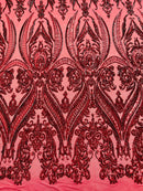 Burgundy Sequins Fabric on Mesh, Damask Design 4 Way Stretch Sequin Fabric Sold By The Yard