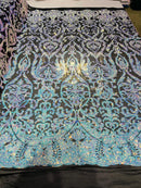 Iridescent aqua/Blue Sequin Fabric On Black Mesh 4 Way Stretch, Sequins Fabric Damask By The Yard