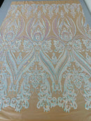 Aqua Iridescent Sequins Fabric on Nude Mesh, Damask Design 4Way Stretch Sequin By The Yard