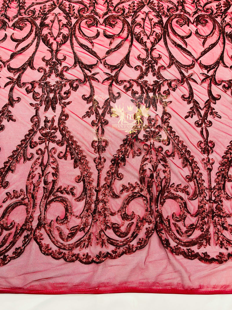 Matte Burgundy Sequin Fabric On a Mesh 4 Way Stretch, Sequins Fabric Damask Design By The Yard