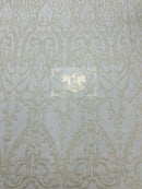 White Sequin Fabric On a Mesh 4 Way Stretch, Sequins Fabric Damask Design By The Yard