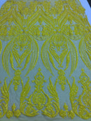 Iridescent Sequins Fabric on Mesh - by the yard - Damask Design 4 Way Stretch Sequin Fabric