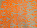 Damask Royalty Design - Orange on DK Nude Mesh - 4 Way Stretch Sequins Fabrics By The Yard